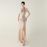 Sequin Beaded Halter Neck High Slit Fishtail Formal Party Dress