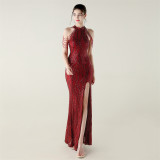 Sequin Beaded Off-Shoulder Halter Fishtail Evening Dress
