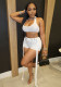 Women's Spring-Summer Ribbed Halter Buckle Vest with Loose Ribbon Shorts Set