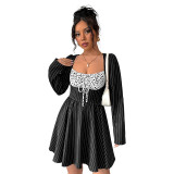 Elegant Contrast Patchwork Striped Long-Sleeve Autumn Dress