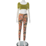 Women's Spring-Summer Graphic Print Crop Top with Tight Pants Set