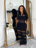 Feminine Mesh Patchwork Turndown Collar Bodycon Dress