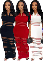 Feminine Mesh Patchwork Turndown Collar Bodycon Dress Feminine Mesh Patchwork Turndown Collar Bodycon Dress