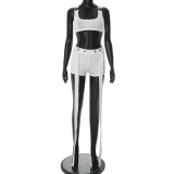 Women's Spring-Summer Ribbed Halter Buckle Vest with Loose Ribbon Shorts Set