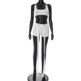 Women's Spring-Summer Ribbed Halter Buckle Vest with Loose Ribbon Shorts Set