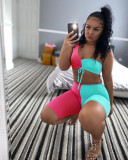 Contrast Color One Shoulder Two Piece Shorts Set