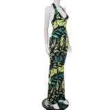 Women's Spring-Summer V-Neck Halter Lace-Up Leaf Print Flared Jumpsuit