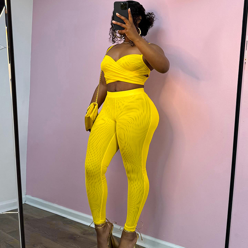 Women's Spring-Summer Hollow Pleated Crop Top Skinny Pants Set