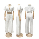 Women Casual Holidays Summer Turndown Collar Short Top & High-Waist Wide-Leg Pants Set