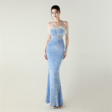 Velvet Sequin Feather Fishtail A-Line Evening Gown