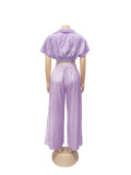 Women Casual Holidays Summer Turndown Collar Short Top & High-Waist Wide-Leg Pants Set