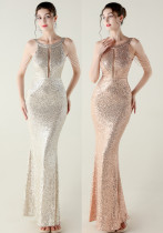 Sequin Beaded Off-Shoulder Halter Fishtail Evening Party Dress