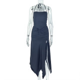 Chic Pleated Lace-up Halter Neck Split Two-Piece Skirt Set