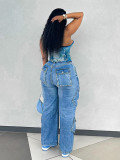 Fashion Light Blue Multi-Pocket Loose Denim Pants