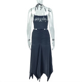 Chic Pleated Lace-up Halter Neck Split Two-Piece Skirt Set