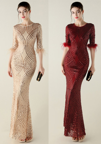 Plus Size Sequin Feather Half Sleeve Fishtail Evening Gown