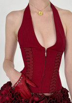 Fashion Deep V Lace-Up Halter Neck Sexy Vest Top Fashion Deep V Lace-Up Halter Neck Sexy Vest Top