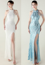 Sequin Beaded Off-Shoulder Halter Fishtail Evening Dress