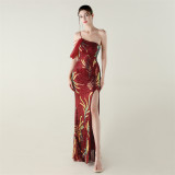Sequin Mesh Off-Shoulder High Slit Fishtail Party Dress