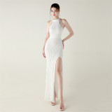 Sequin Beaded Off-Shoulder Halter Fishtail Evening Dress