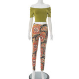 Women's Spring-Summer Graphic Print Crop Top with Tight Pants Set