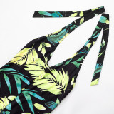 Women's Spring-Summer V-Neck Halter Lace-Up Leaf Print Flared Jumpsuit