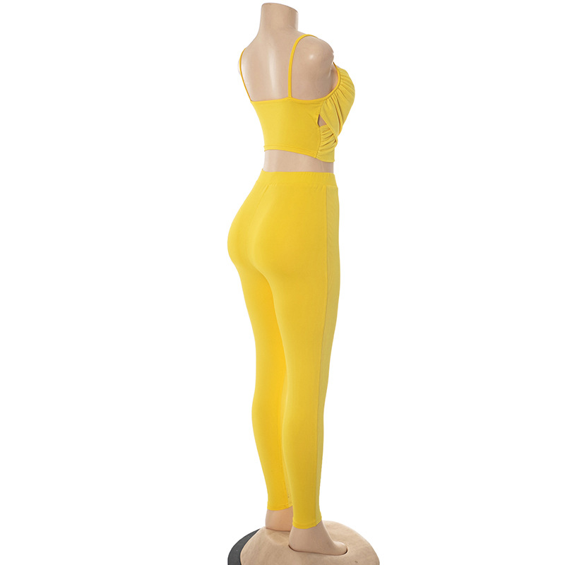 Women's Spring-Summer Hollow Pleated Crop Top Skinny Pants Set