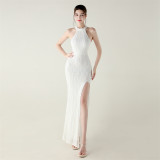 Sequin Beaded Halter Neck High Slit Fishtail Formal Party Dress