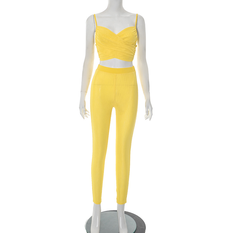 Women's Spring-Summer Hollow Pleated Crop Top Skinny Pants Set