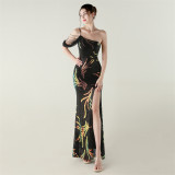 Sequin Mesh Off-Shoulder High Slit Fishtail Party Dress
