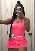 Women's Spring-Summer Beaded Wide Strap Vest with Ruffled Shorts Two Piece Set