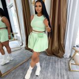 Women's Sleeveless Pleated Vest and Skirt Casual Set