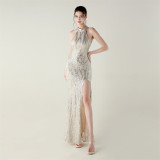 Sequin Beaded Halter Neck High Slit Fishtail Formal Party Dress