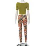 Women's Spring-Summer Graphic Print Crop Top with Tight Pants Set