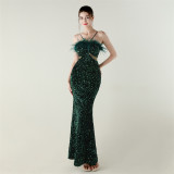 Velvet Sequin Feather Fishtail A-Line Evening Gown