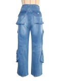 Fashion Light Blue Multi-Pocket Loose Denim Pants