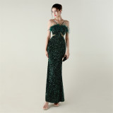 Velvet Sequin Feather Fishtail A-Line Evening Gown
