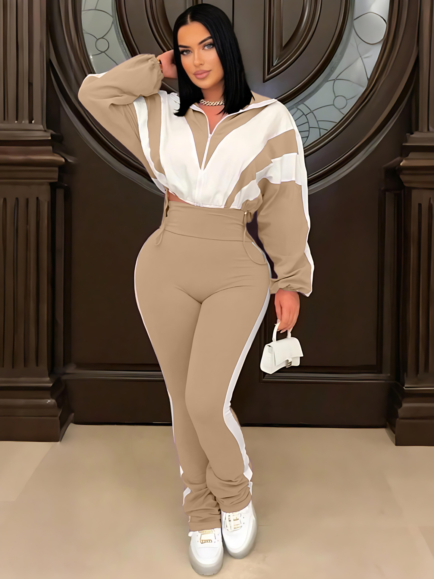 Contrast Color Patchwork High-Waist Sporty Two-Piece Pants Set