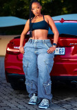 Fashion Light Blue Multi-Pocket Loose Denim Pants
