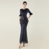 Plus Size Sequin Feather Half Sleeve Fishtail Evening Gown