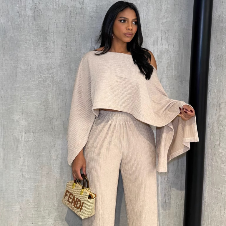 Women's Pleated Slash Shoulder Top and Pants Africa Chic Set