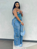 Fashion Light Blue Multi-Pocket Loose Denim Pants