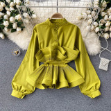 Long Sleeves Slim Waist Ruffled Blouse