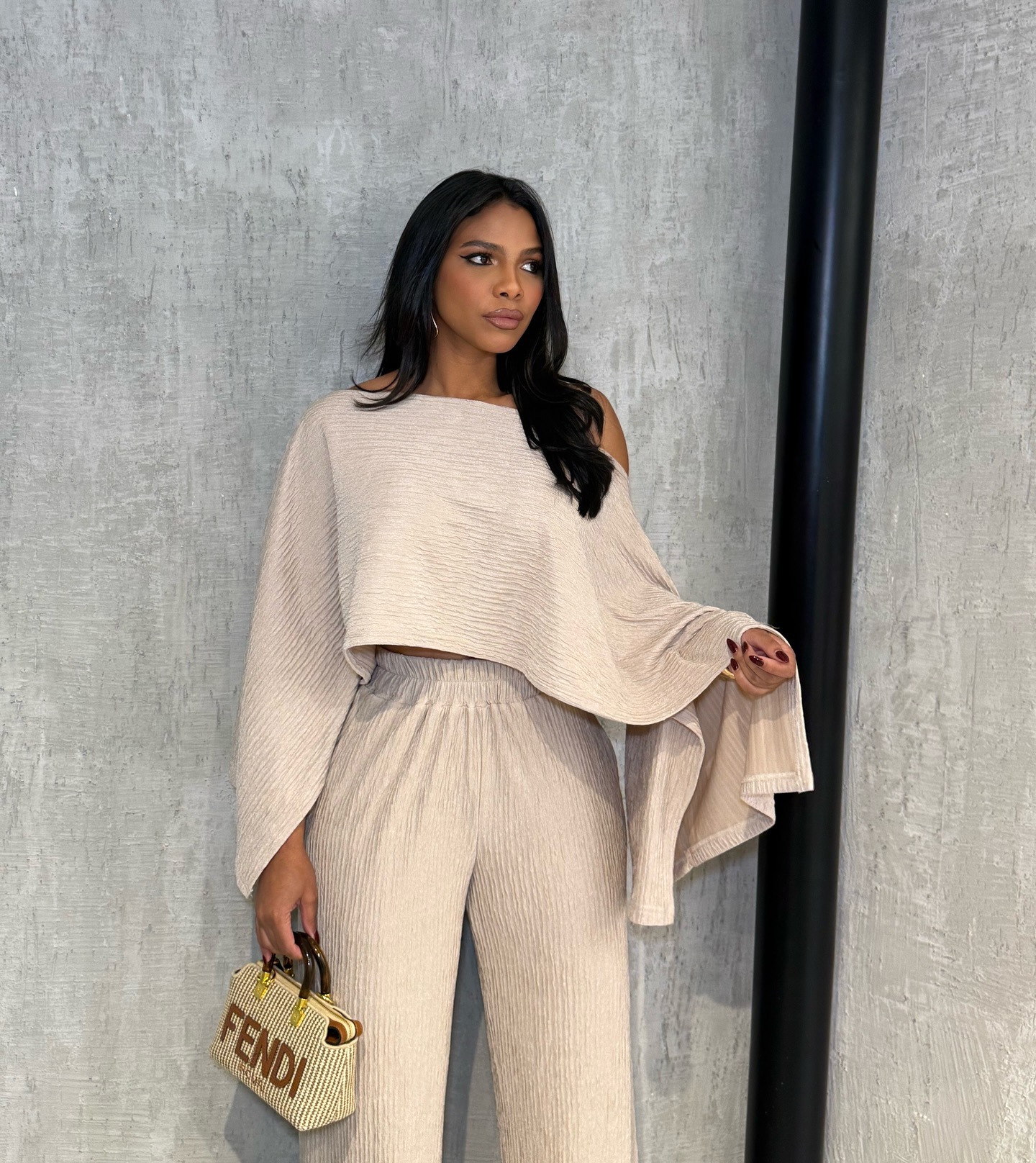 Women's Pleated Slash Shoulder Top and Pants Africa Chic Set