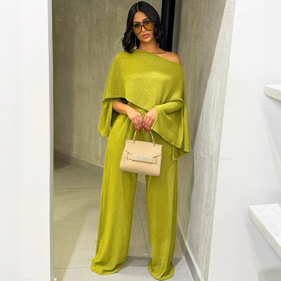 Women's Pleated Slash Shoulder Top and Pants Africa Chic Set