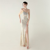 Sequin Mesh Off-Shoulder High Slit Fishtail Party Dress