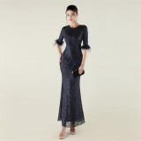Sequin Feather Half Sleeve Fishtail Evening Gown