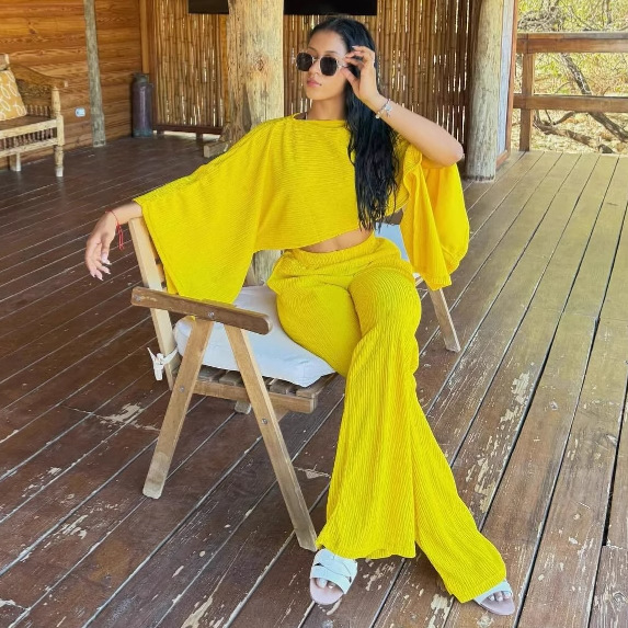 Women's Pleated Slash Shoulder Top and Pants Africa Chic Set