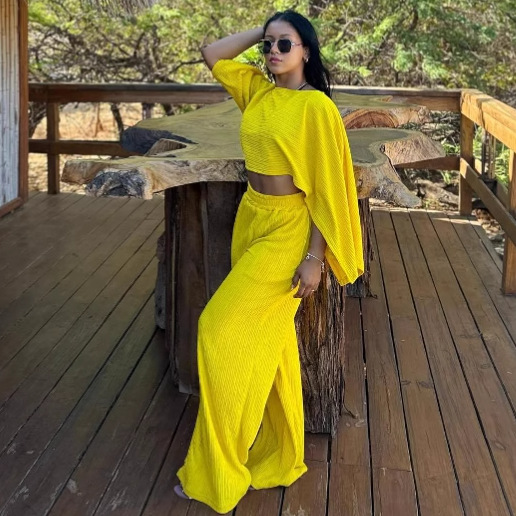 Women's Pleated Slash Shoulder Top and Pants Africa Chic Set