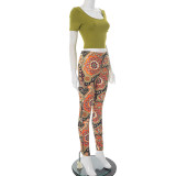 Women's Spring-Summer Graphic Print Crop Top with Tight Pants Set